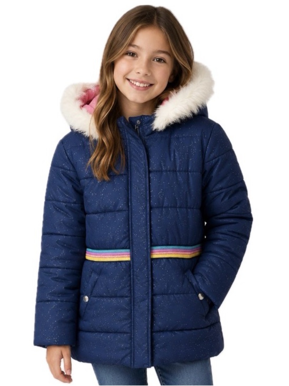 Carter’s, Navy Glitter Puffer Winter Coat Faux Fur Hood, Size 12 EUC